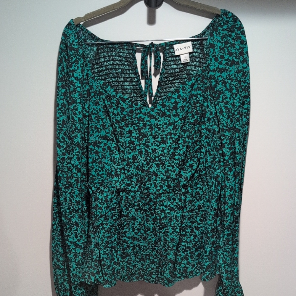 Ava & Viv Teal and Black Floral Tie-Neck Blouse